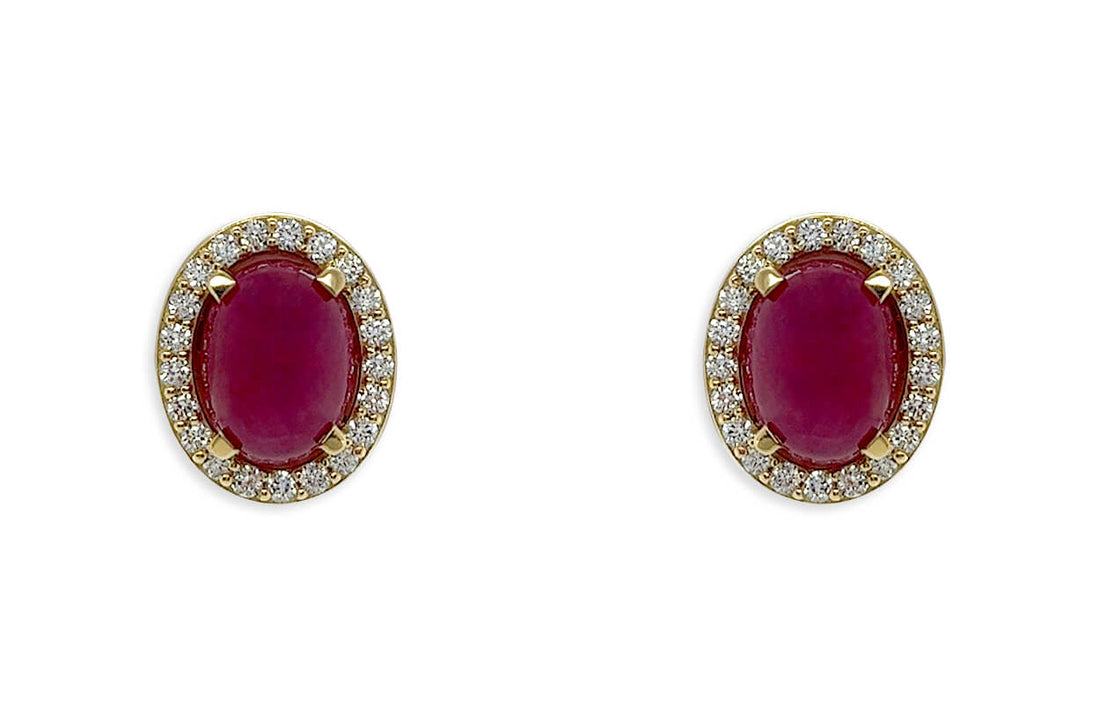 Earrings 18kt Gold Oval Ruby Cabochons &amp; Diamonds Studs