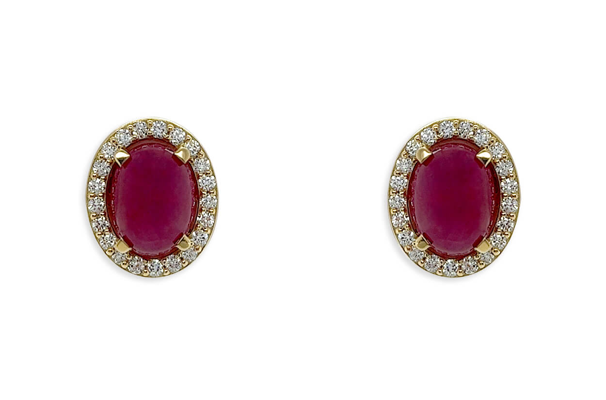 Earrings 18kt Gold Oval Ruby Cabochons &amp; Diamonds Studs