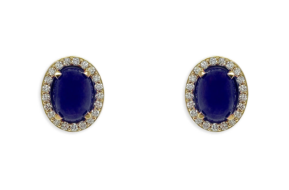 Earrings 18kt Gold Oval Sapphire Cabochons &amp; Diamonds Studs