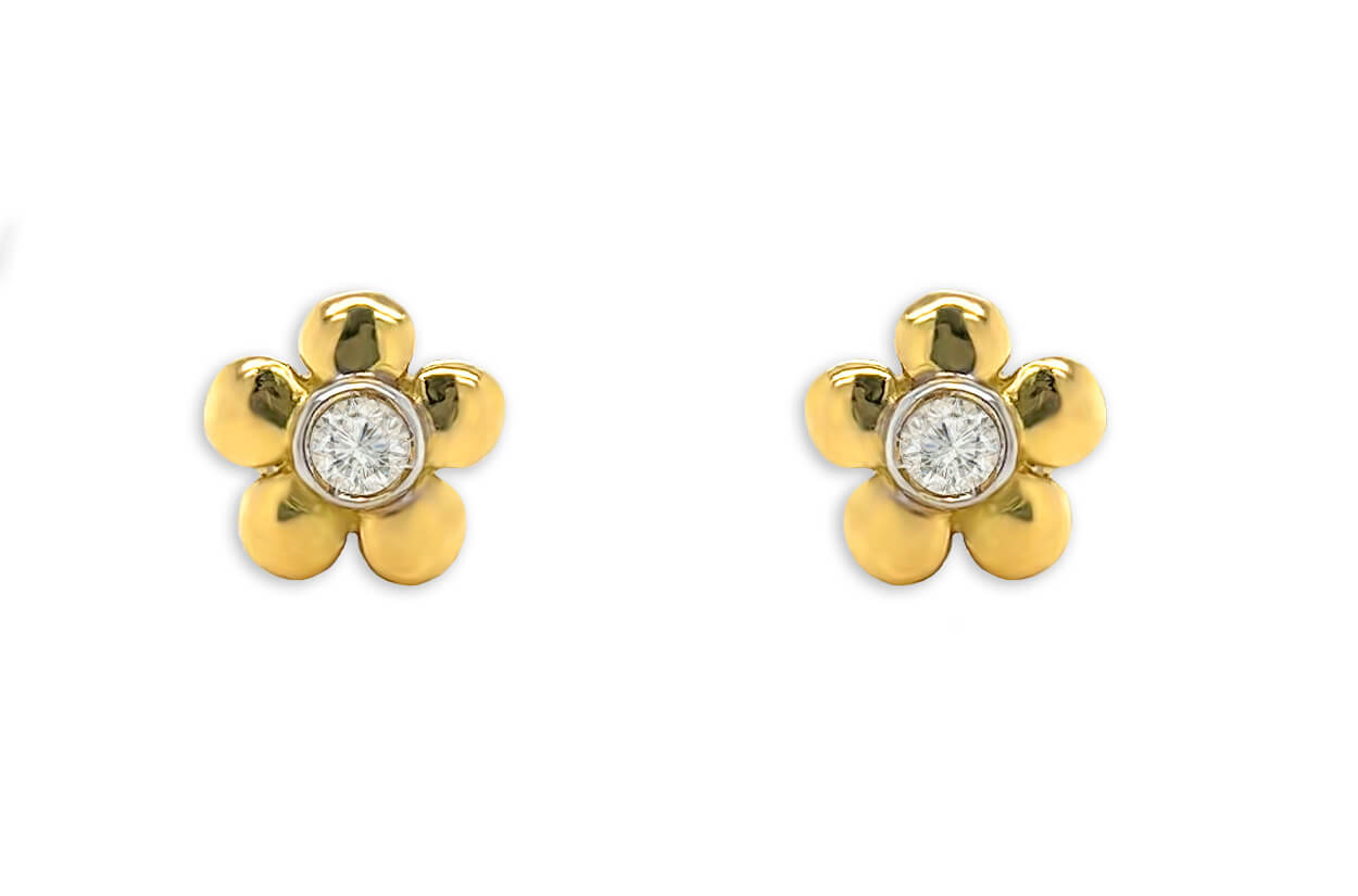 Mini Earrings 18kt Gold Flower &amp; Bezel Diamond Studs