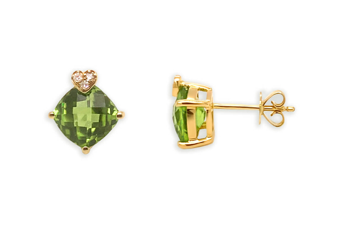 Earrings 14kt Gold Hearts Cushion Peridot &amp; Diamonds Studs