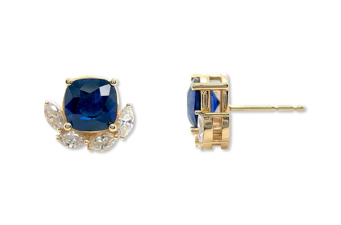 Earrings 18kt Gold Blue Sapphires &amp; Marquise Diamonds Studs