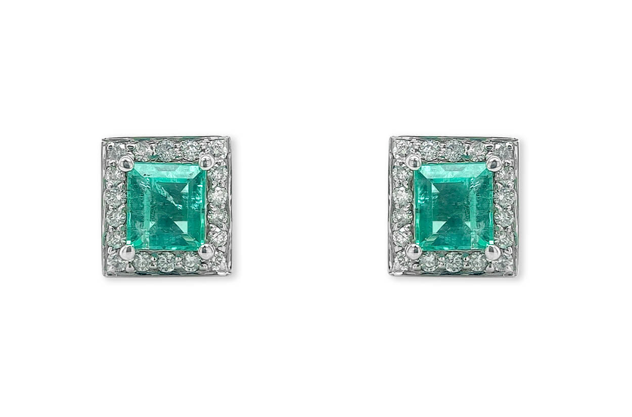 Earrings 18kt Gold Colombian Emeralds &amp; Diamonds Studs