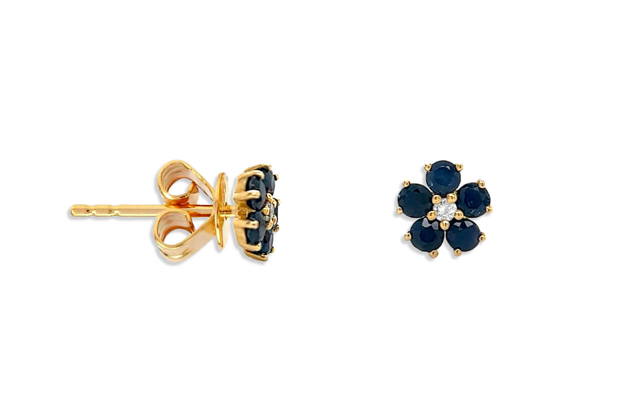 Mini Earrings 14kt Gold Flowers Sapphire &amp; Diamonds Studs