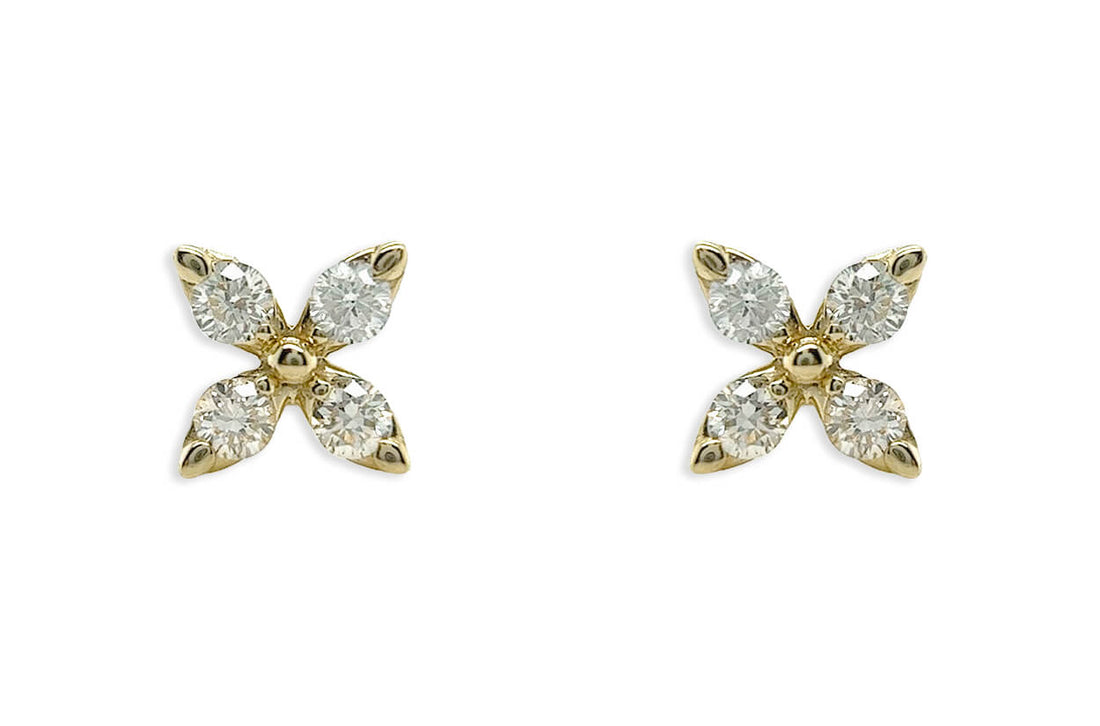 Mini Earrings 14kt Gold Flower &amp; Four Diamonds Studs