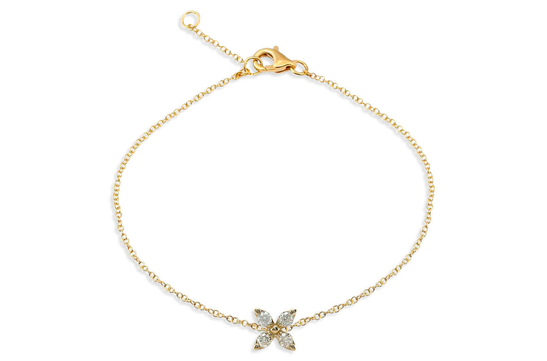 Bracelet 14kt Gold Chain Flower &amp; Four Diamonds
