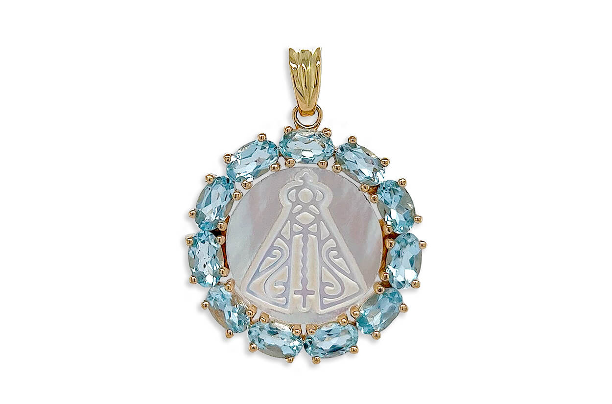 Medal Mother of Pearl Virgin of the Valley | Virgen del Valle 18kt Gold &amp; Aquamarines