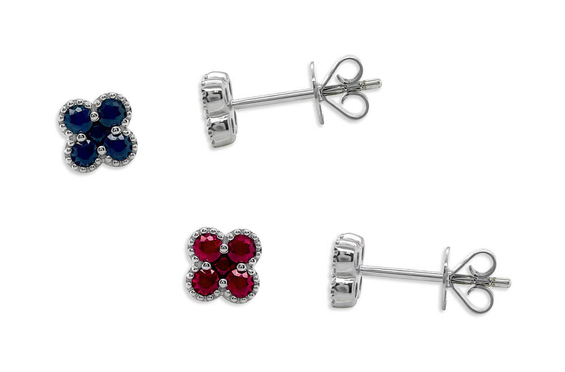 Earrings 18kt Gold Petite Flowers &amp; Round Gemstones Studs