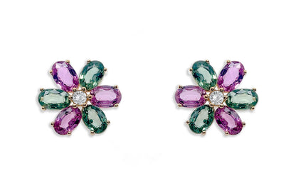 Earrings 18kt Gold Multicolor Oval Insignia Flowers &amp; Diamonds