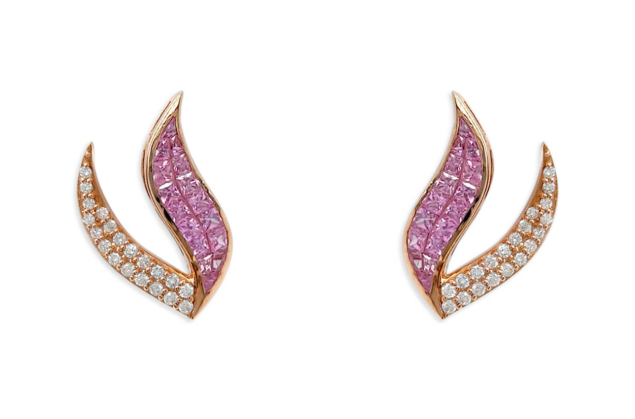 Earrings 18kt Gold Princess Cut Pink Sapphires &amp; Diamonds