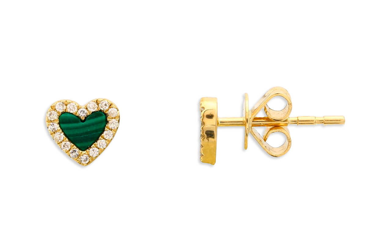 Earrings 14kt Gold Hearts Malachite &amp; Diamonds Studs