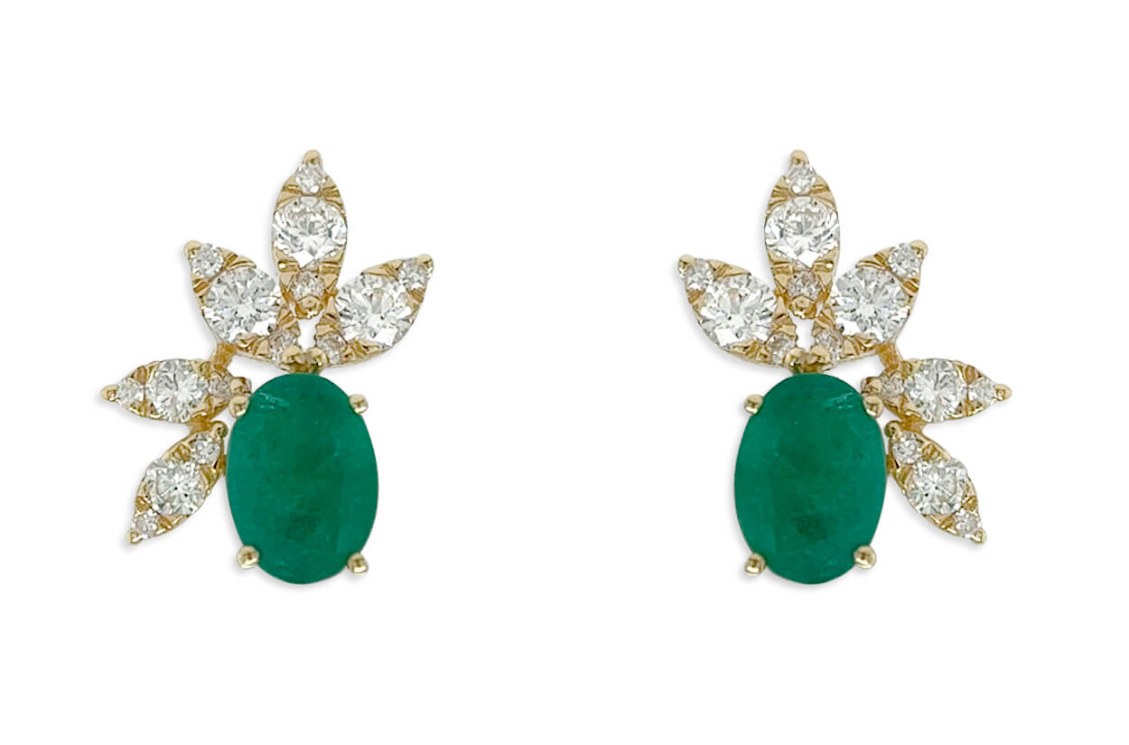 Earrings 18kt Yellow Gold Oval Emerald &amp; Diamonds Flowers