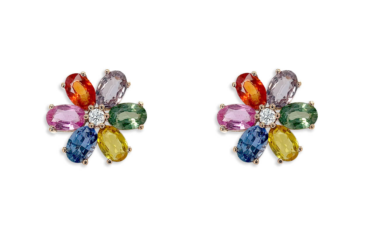 Earrings 18kt Gold Multicolor Oval Insignia Flowers &amp; Diamonds