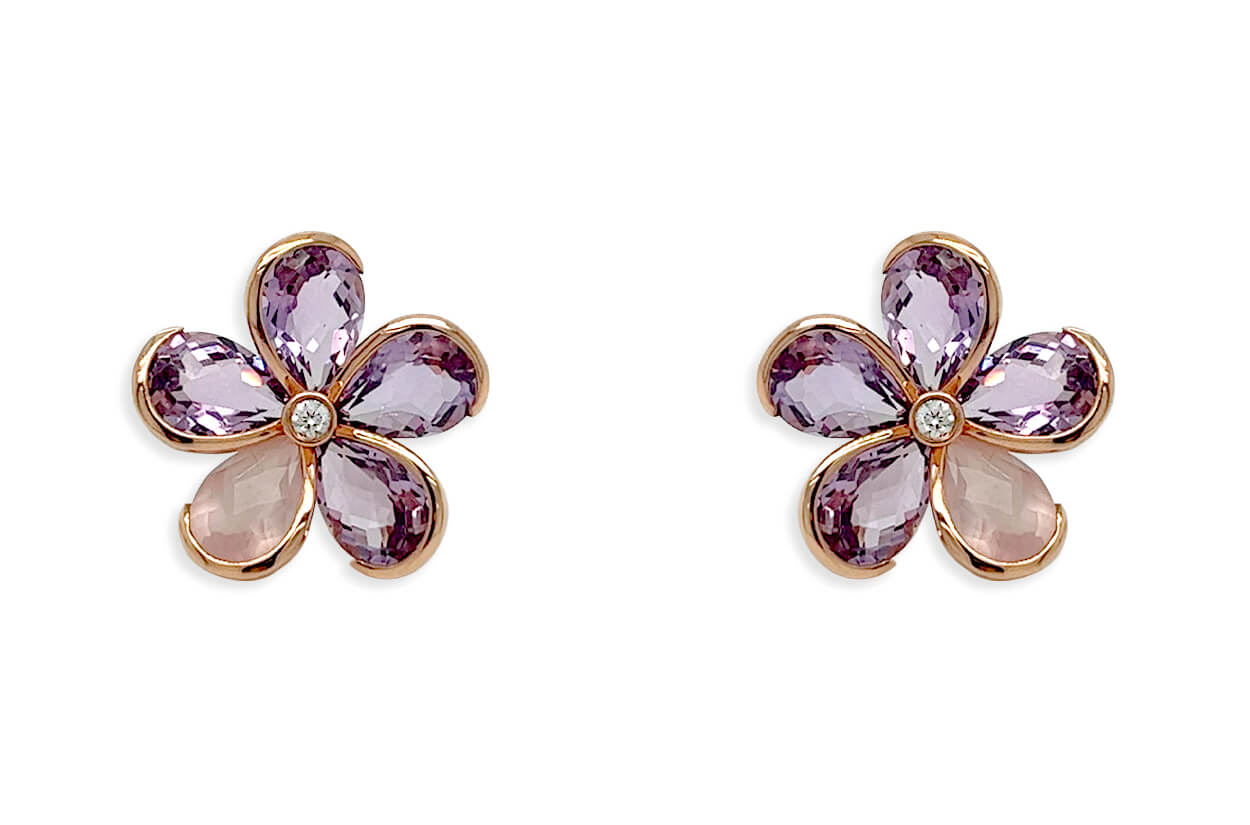 Earrings 18kt Gold Quartz &amp; Amethysts Flowers