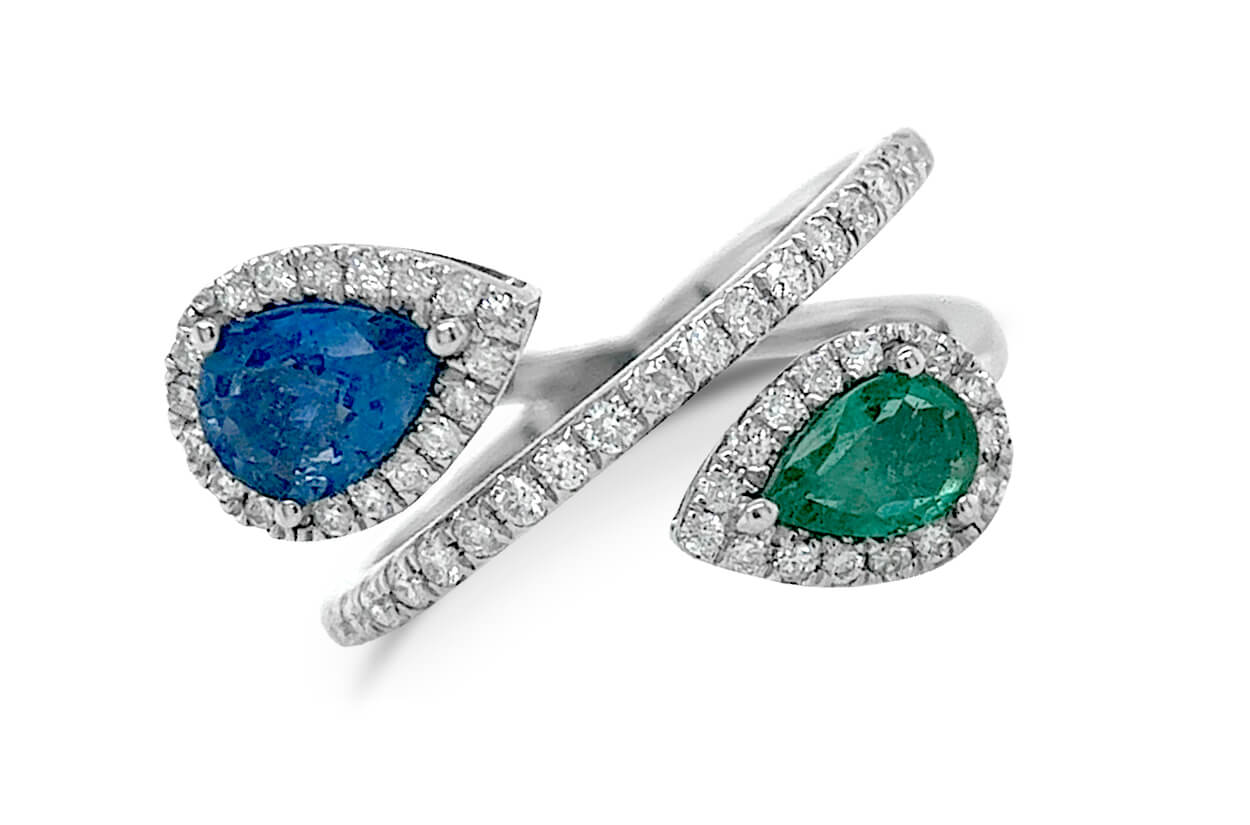 Ring 18kt Gold 2 Pear Sapphire &amp; Emerald with Diamonds