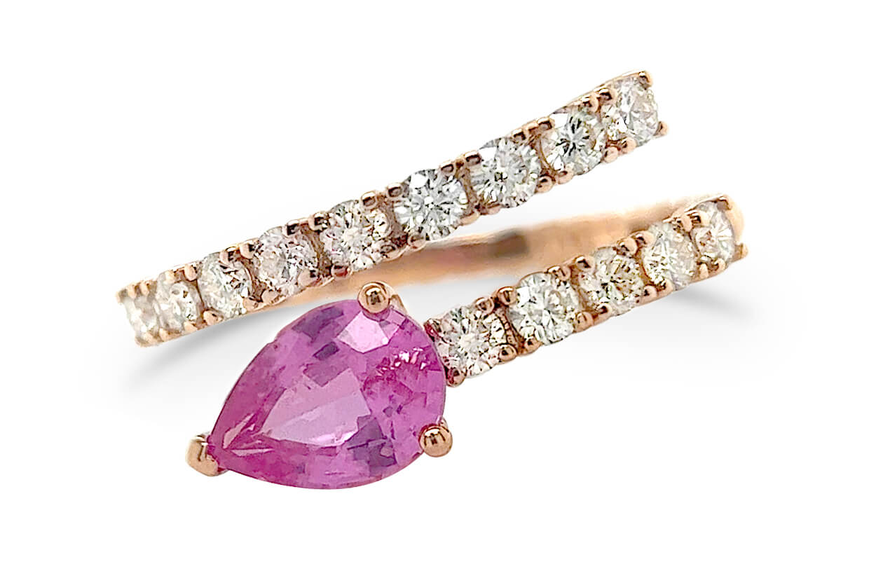 Ring 18kt Gold Pink Sapphire Pear &amp; Diamonds Bypass