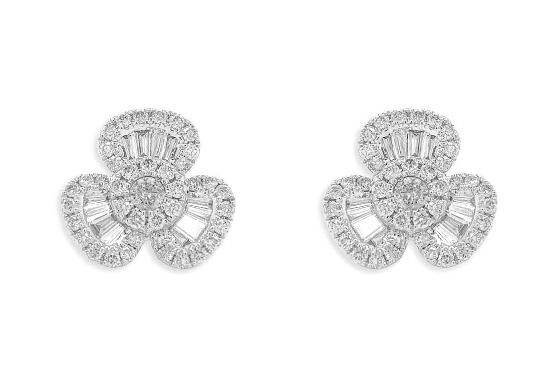 Earrings 18kt Gold Baguette &amp; Round Diamonds Flowers