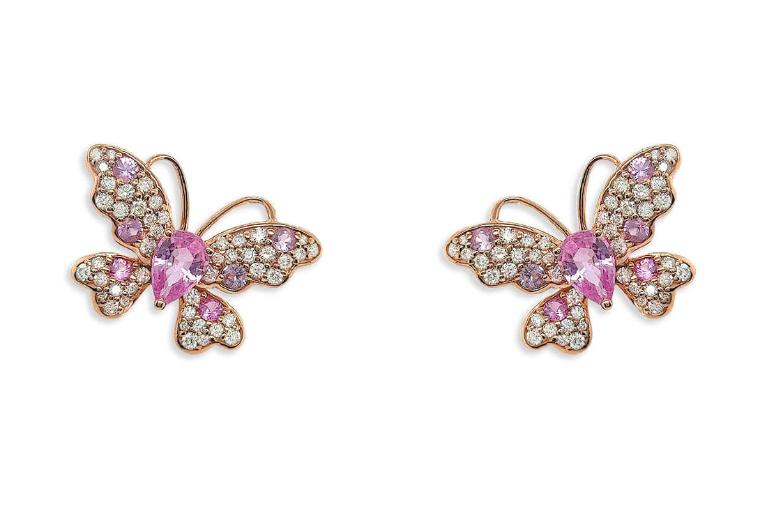 Earrings 18kt Gold Pink Sapphire &amp; Diamonds Butterflies