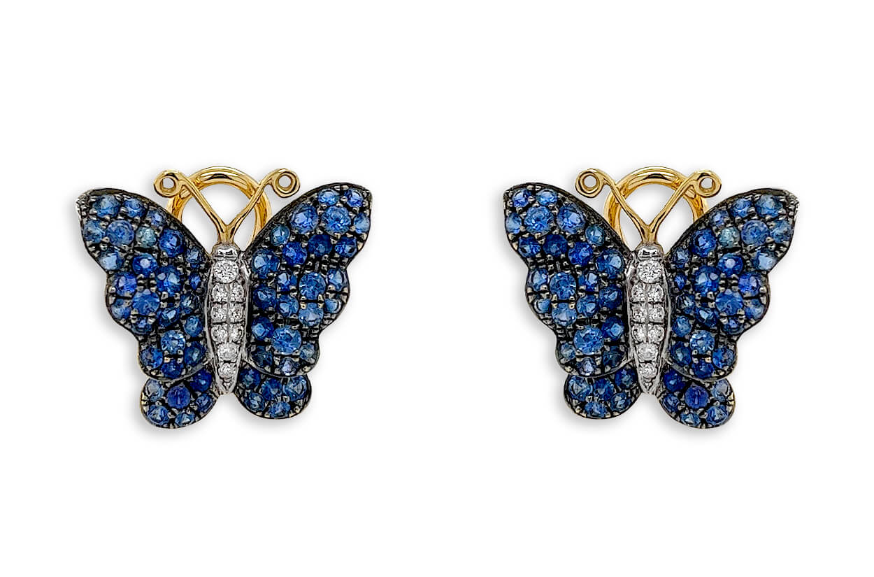 Earrings 18kt Mixed Gold Blue Sapphire &amp; Diamonds Butterflies