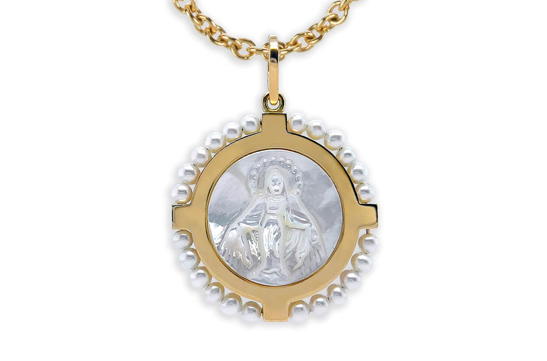 Medal 18kt Gold Cross Mother Pearl Miraculous &amp; Pearls Pendant