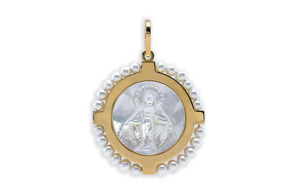 Medal 18kt Gold Cross Mother Pearl Miraculous &amp; Pearls Pendant