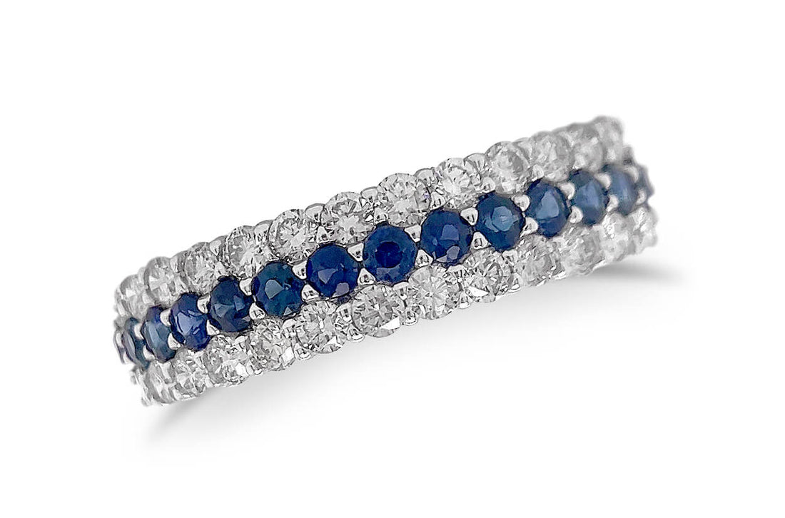 Ring 18kt Gold 3-Row Band Blue Sapphires &amp; Diamonds