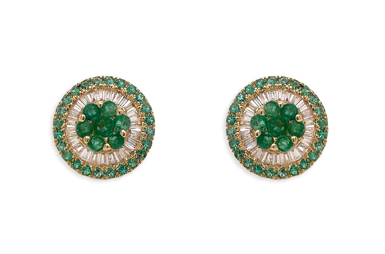 Earrings 18kt Gold Center-Border Emeralds &amp; Diamonds Pizza