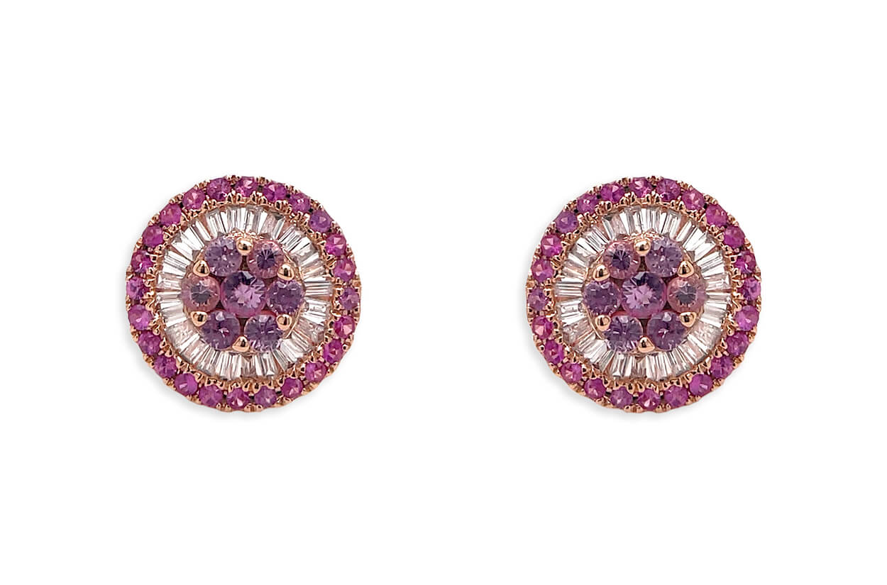 Earrings 18kt Gold Center-Border Pink Sapphires &amp; Diamonds Pizza