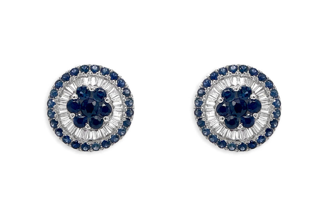 Earrings 18kt White Gold Center-Border Blue Sapphires &amp; Diamonds Pizza