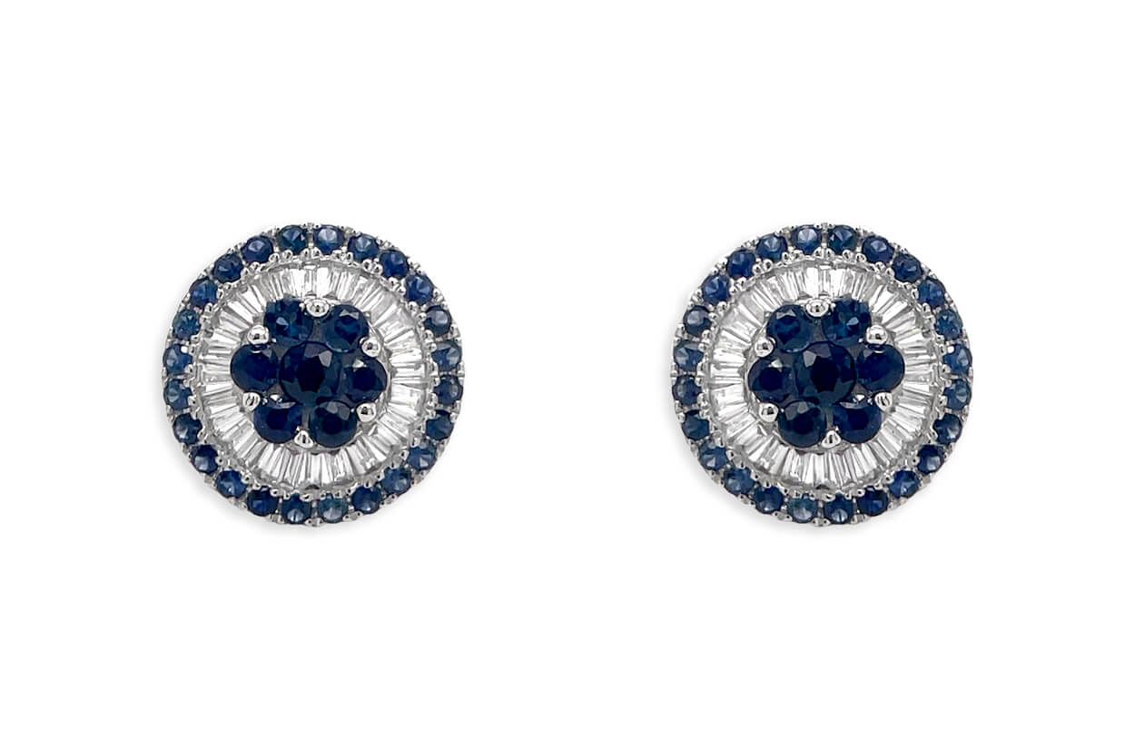 Earrings 18kt White Gold Center-Border Blue Sapphires &amp; Diamonds Pizza