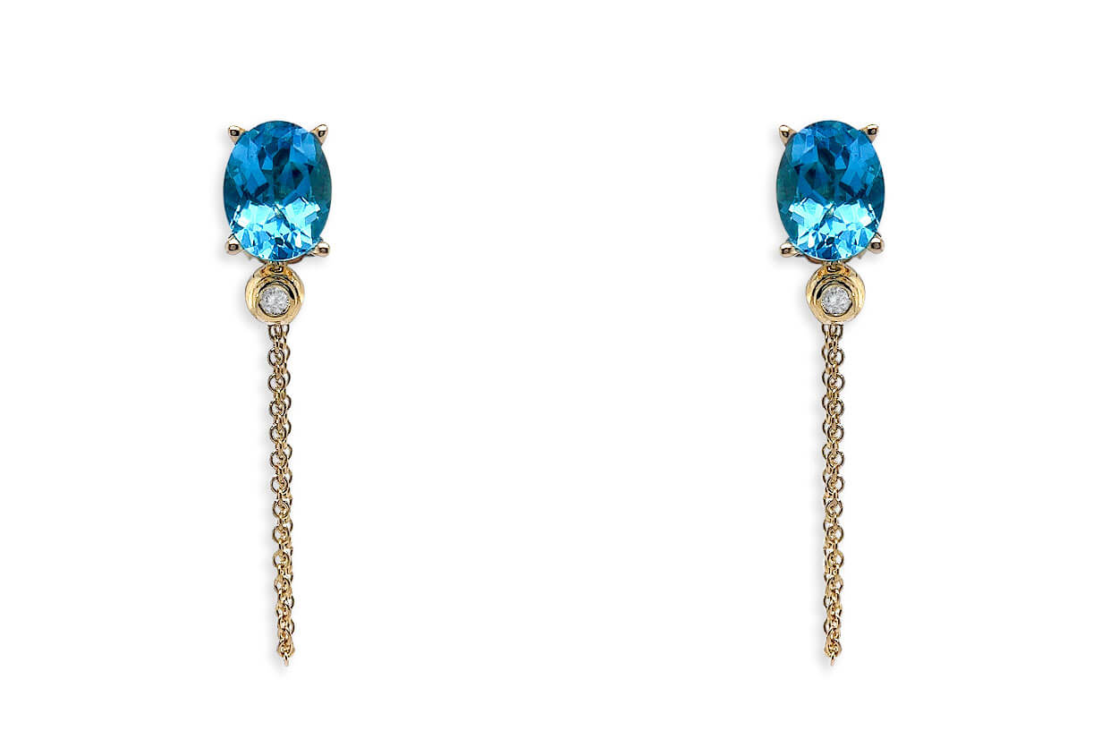 Earrings 18kt Gold Oval Blue Topaz Chain &amp; Diamonds Studs