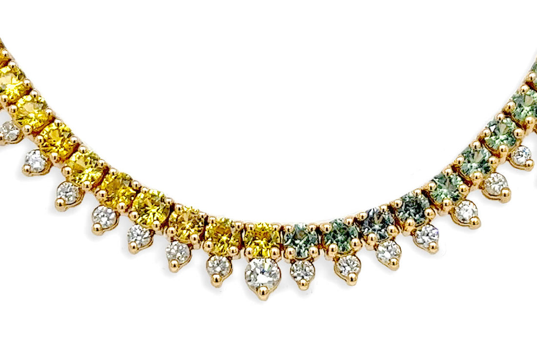 Necklace 18kt Gold Multicolor Sapphires &amp; Diamonds Tennis
