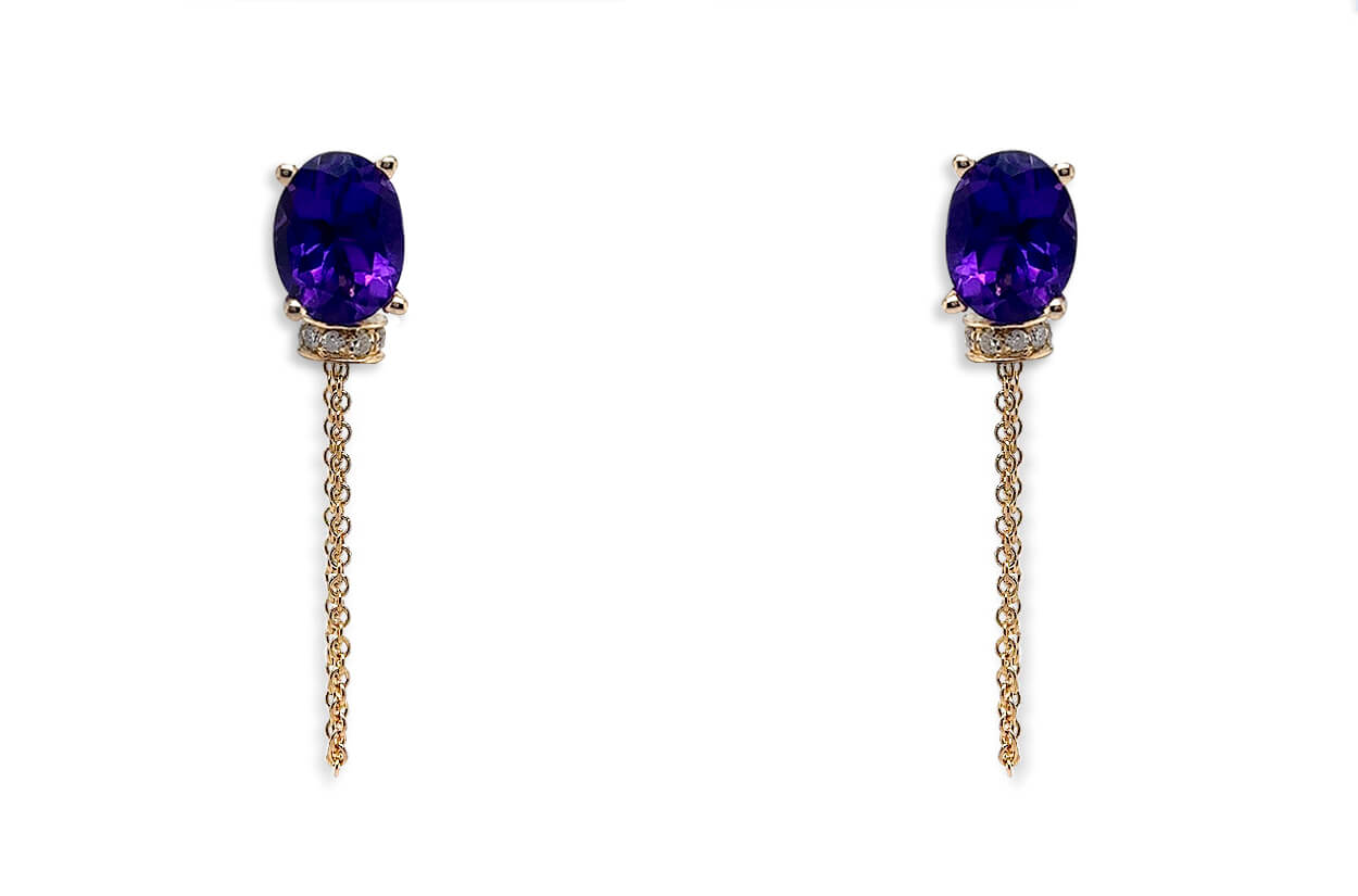 Earrings 18kt Gold Oval Amethyst Chain &amp; Diamonds Studs