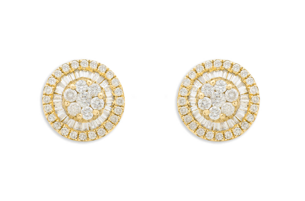 Earrings 18kt Yellow Gold Baguette &amp; Round Diamonds Pizza