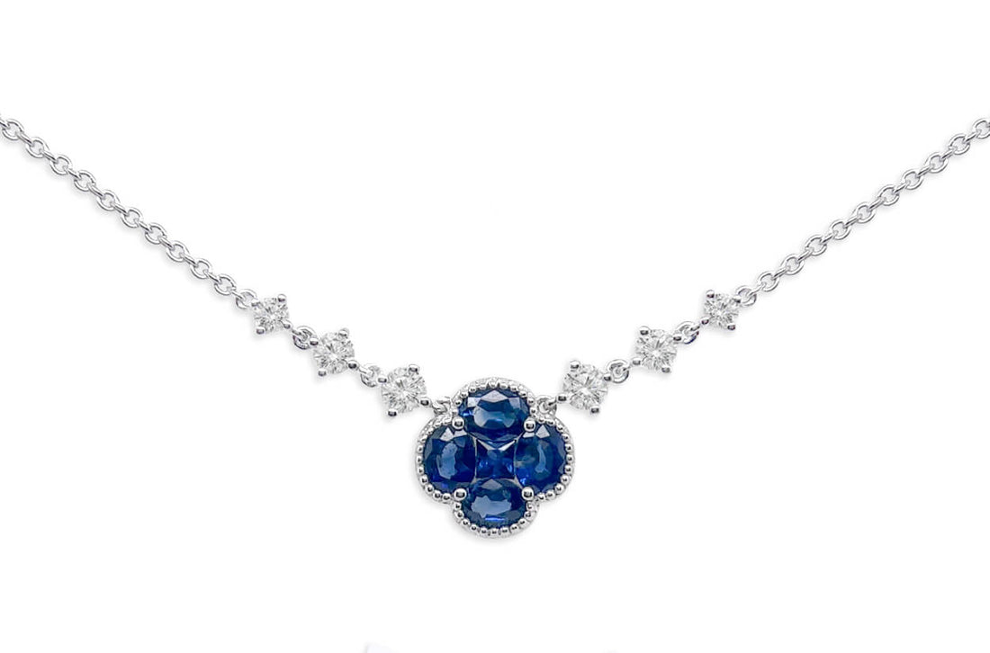 Necklace 18kt Gold Blue Sapphire Clover &amp; Diamonds