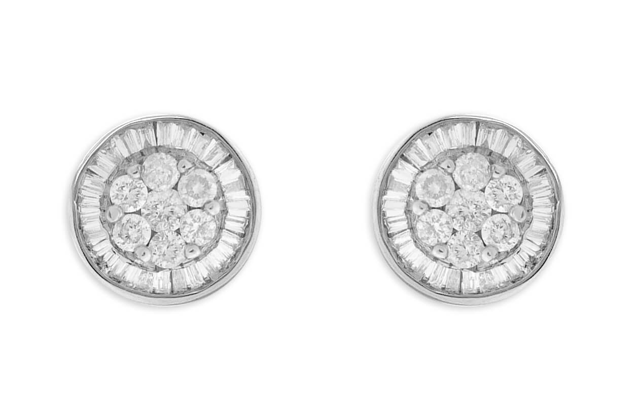 Earrings 18kt Gold Baguette &amp; Round Diamonds One Halo Pizza