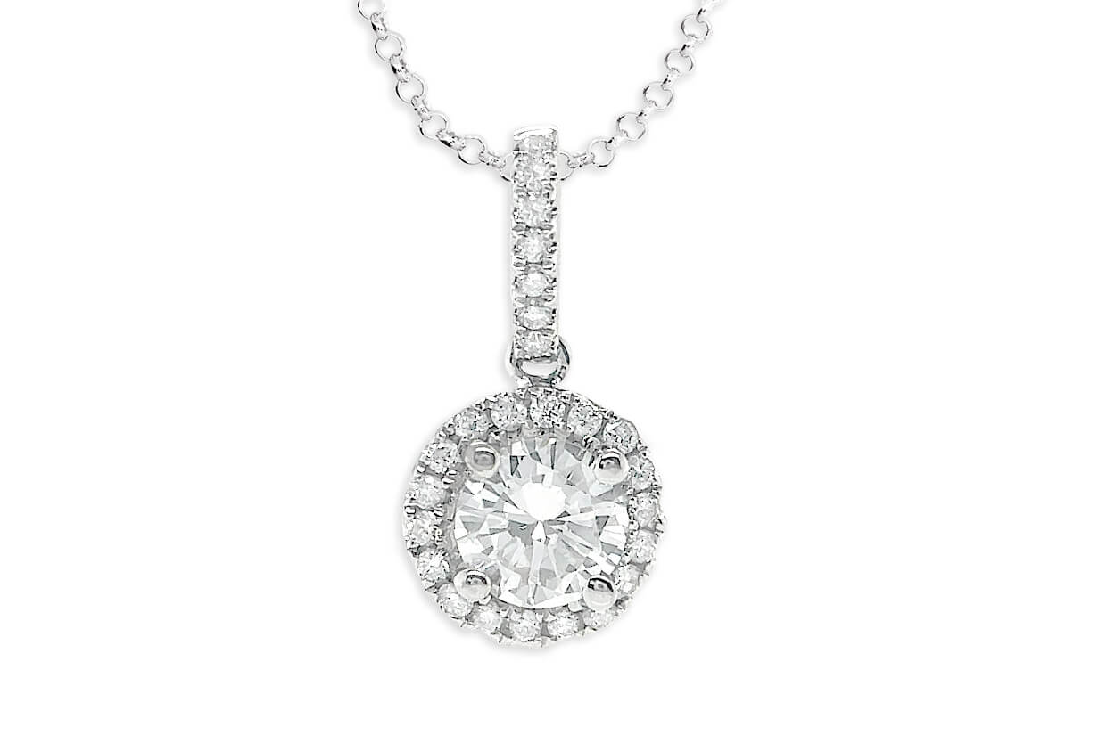 Necklace 18kt Gold Round GIA Diamond 0.41cts with Halo &amp; Pave