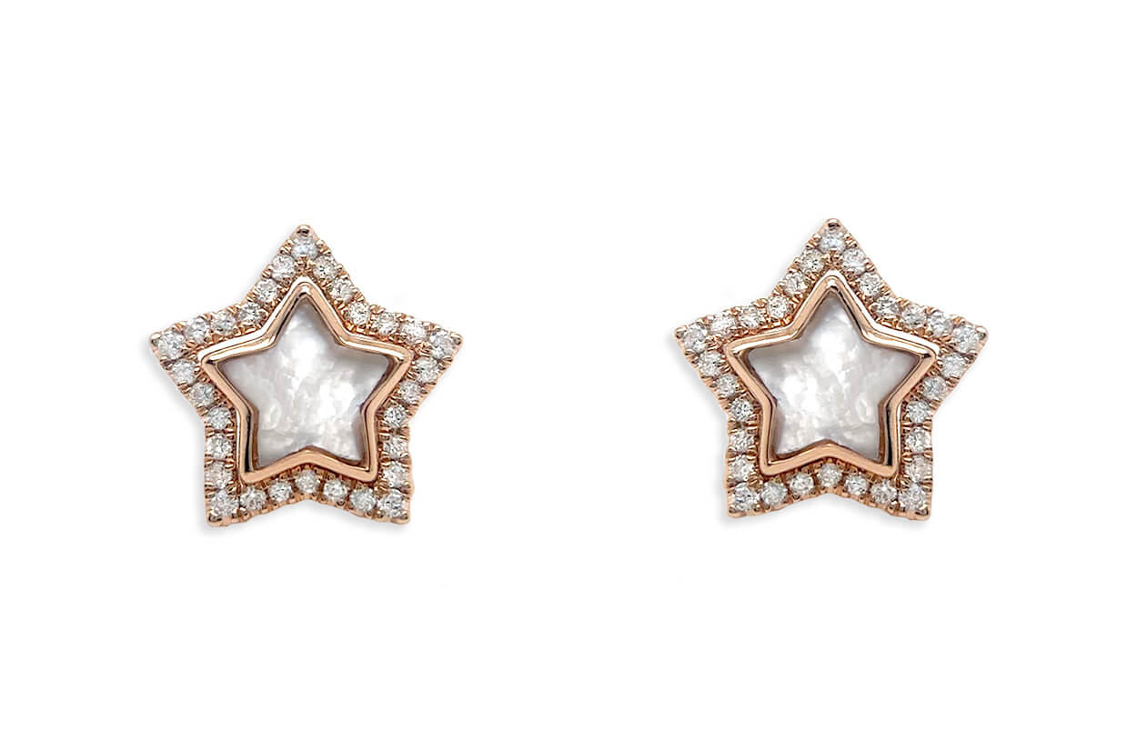 Earrings 18kt Gold Detachable Stars Mother of Pearl &amp; Diamonds Halo