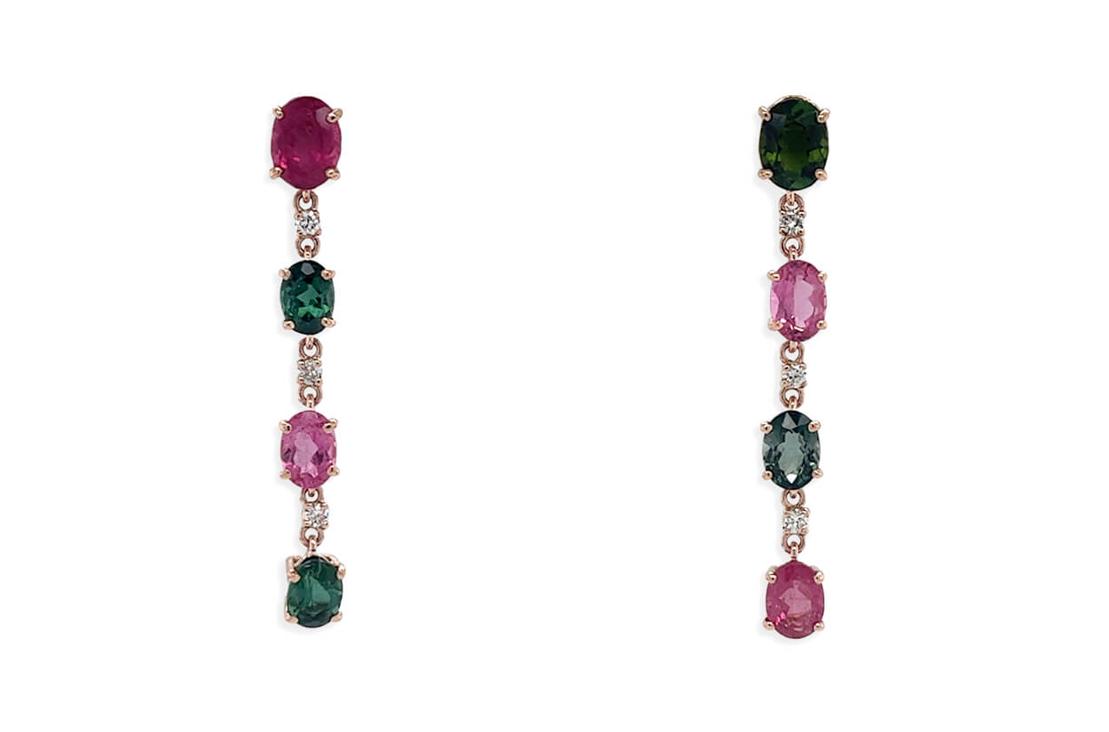 Earrings 18kt Gold Multicolor Oval Tourmaline &amp; Diamonds Drops