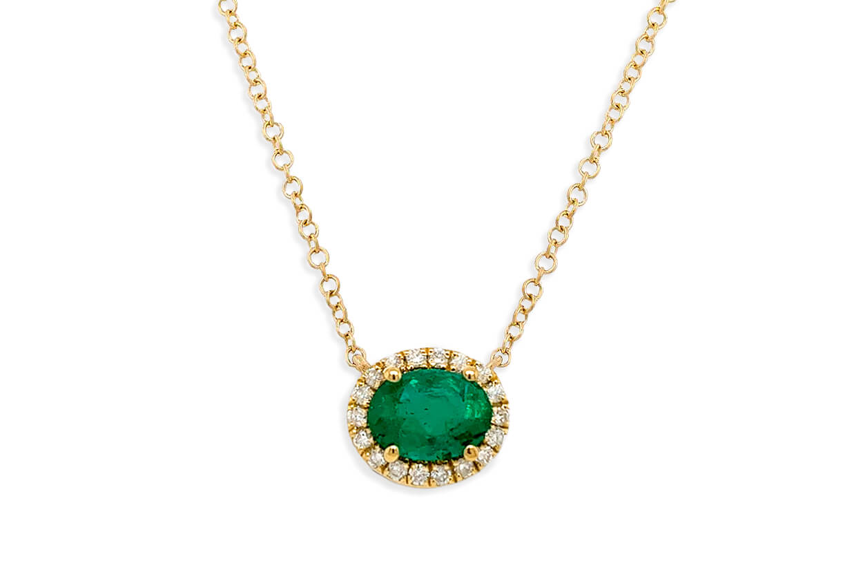 Necklace 18kt Gold Oval Emerald &amp; Diamonds Halo Pendant