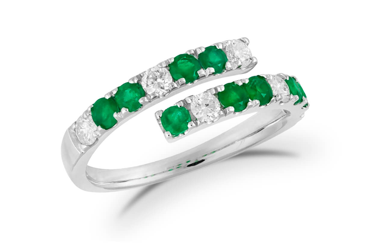 Ring 18kt Gold Open Bypass Band Emeralds &amp; Diamonds