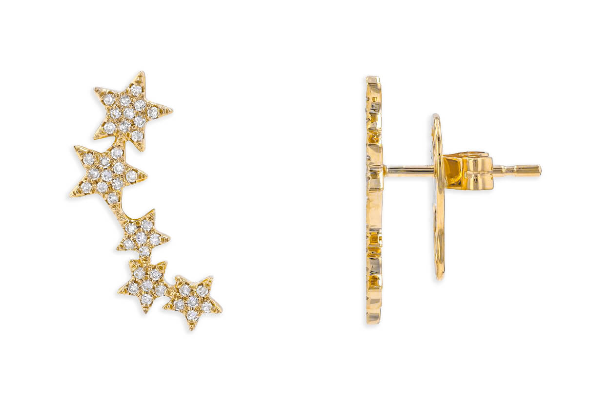 Earrings 14kt Gold Five Stars &amp; Diamonds Studs