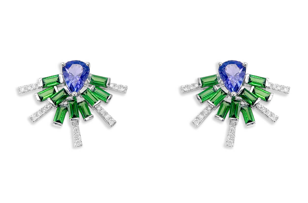 Earrings 18kt White Gold Tanzanites Tsavorites &amp; Diamonds Climbers