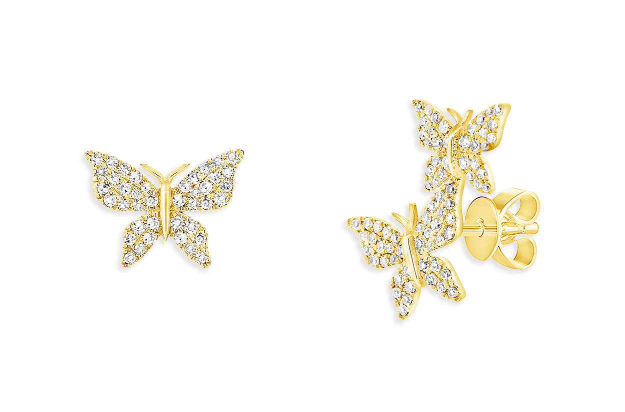 Earrings 18kt Yellow Gold Asymmetrical Butterflies &amp; Diamonds