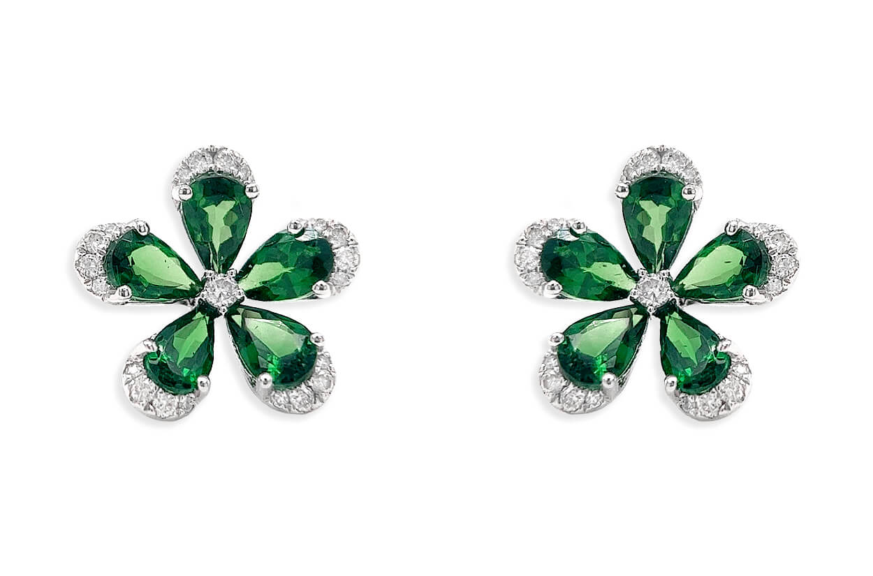 Earrings 18kt Gold Flowers Pear Tsavorite Garnets &amp; Diamonds