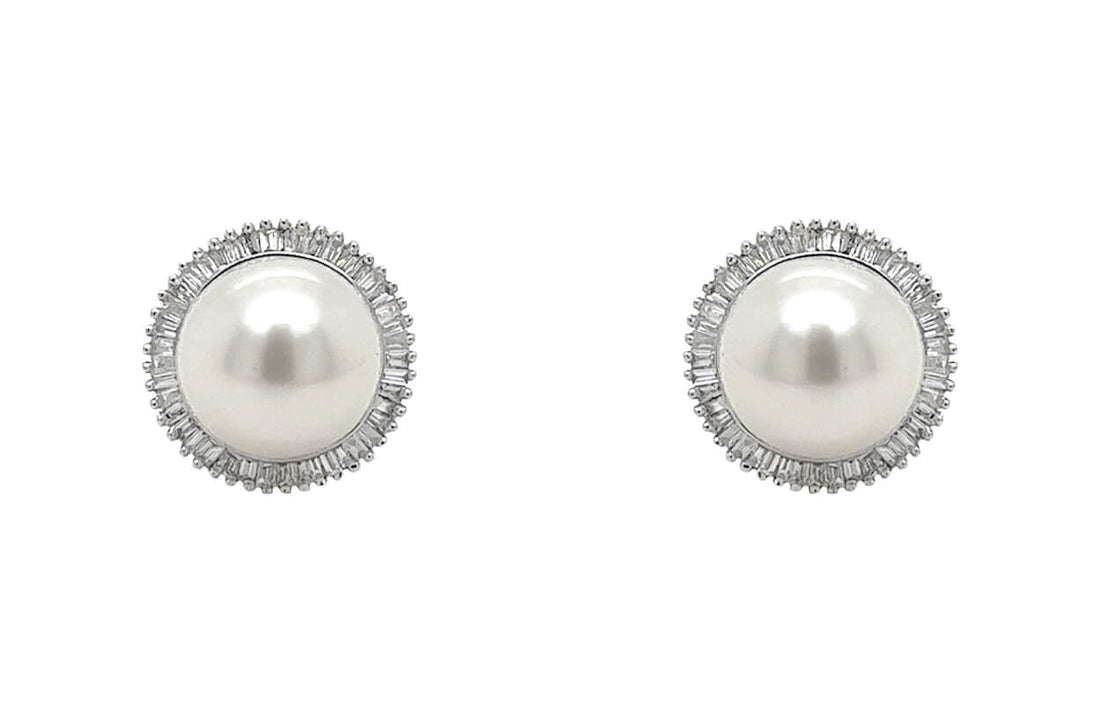 Earrings 18kt Gold Pearls &amp; Baguette Diamonds Halo Studs