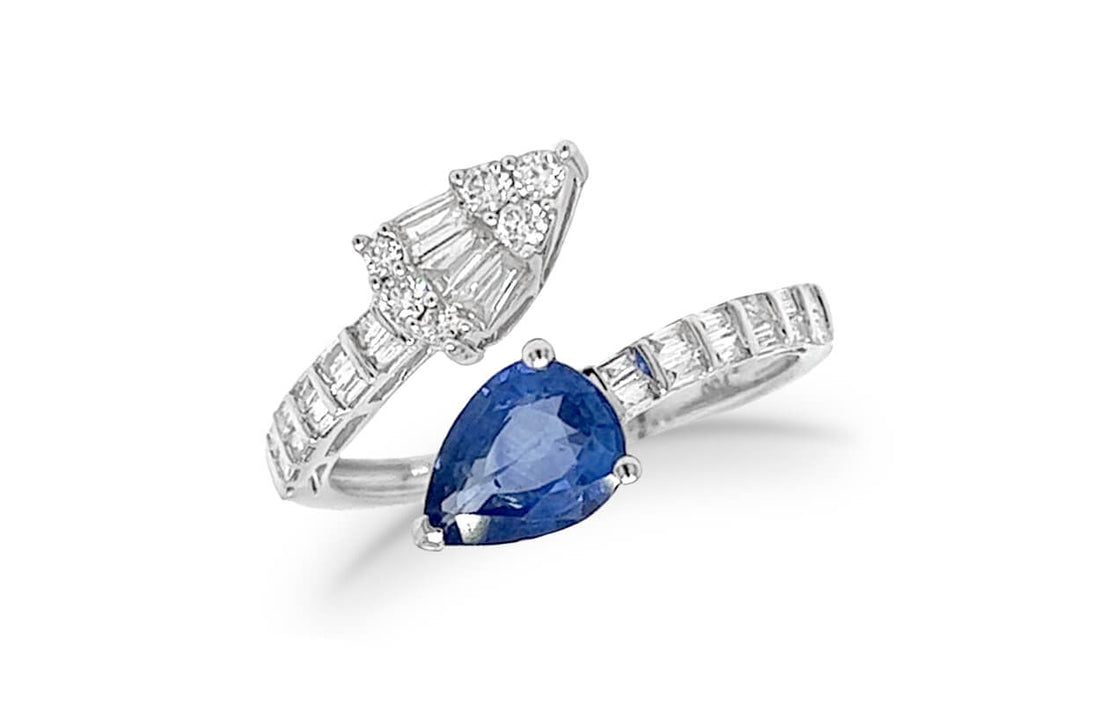 Ring 18kt Gold Open Pear Blue Sapphire &amp; Diamonds