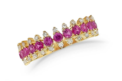 Ring 14kt Gold Round Pink Sapphires &amp; Diamonds Band