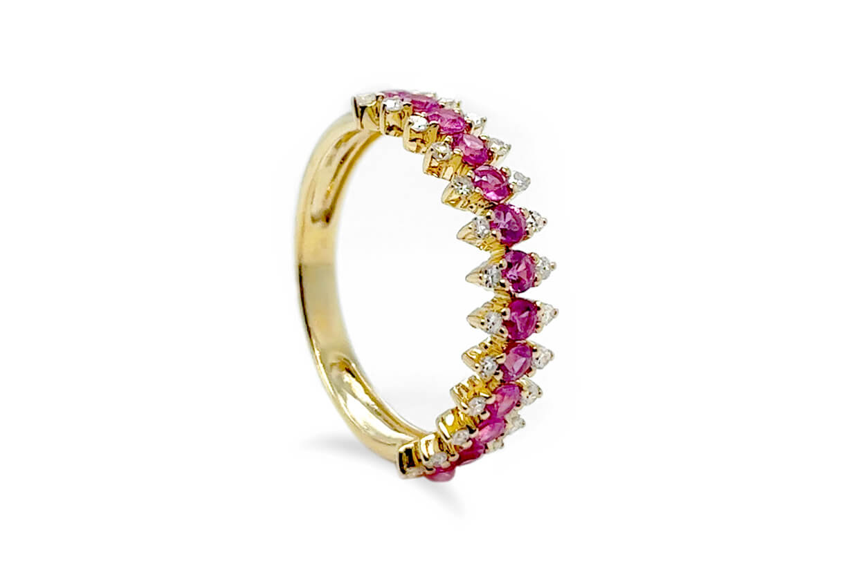 Ring 14kt Gold Round Pink Sapphires &amp; Diamonds Band