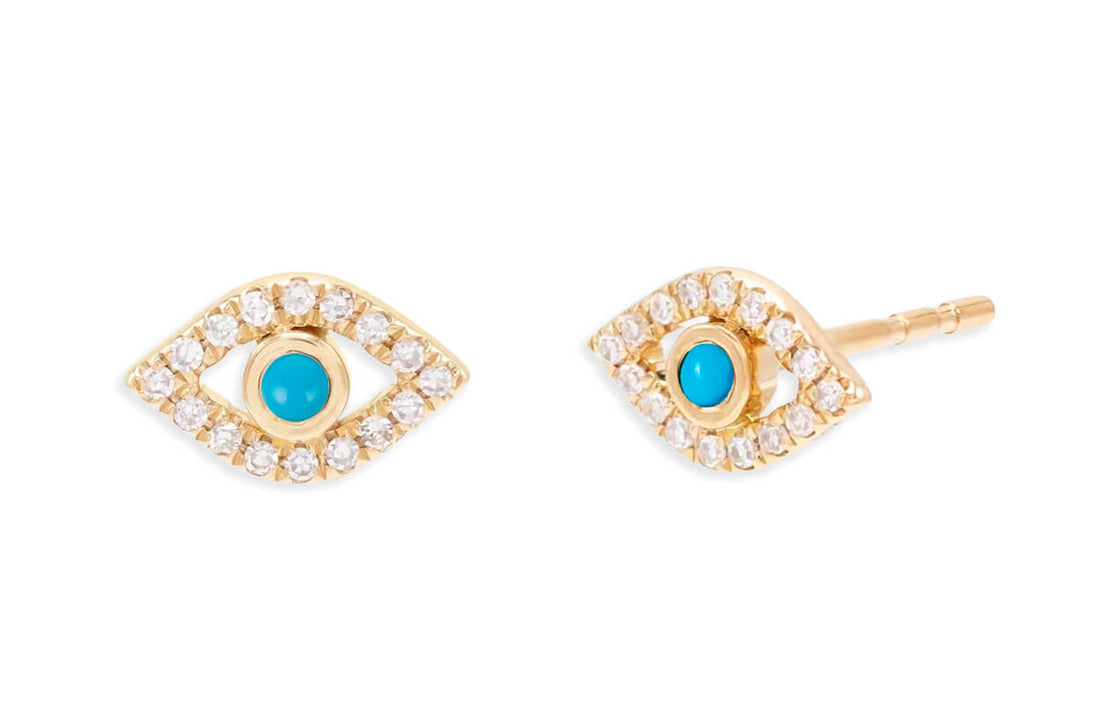 Earrings 18kt Yellow Gold Turquoise &amp; Diamonds Evil Eye Studs